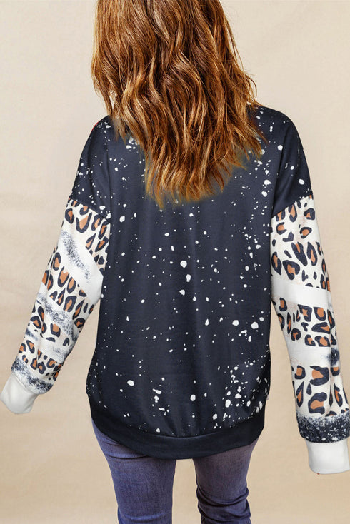Black Mom Letter Graphic Print Leopard Bleached Sweatshirt